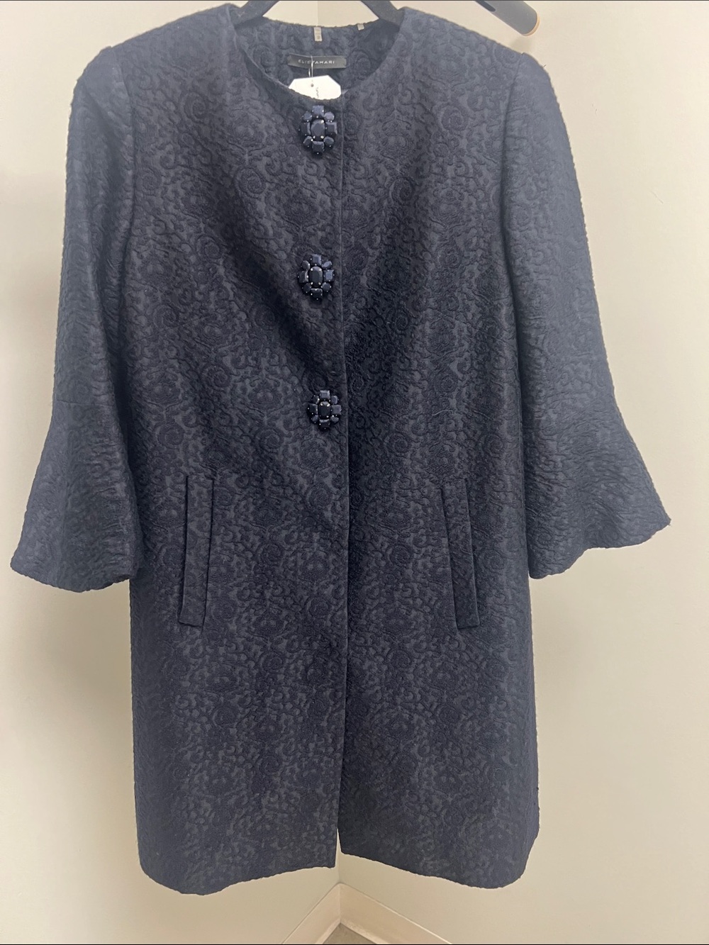 Elie Tahari Navy Textured Pea Coat with Floral Buttons